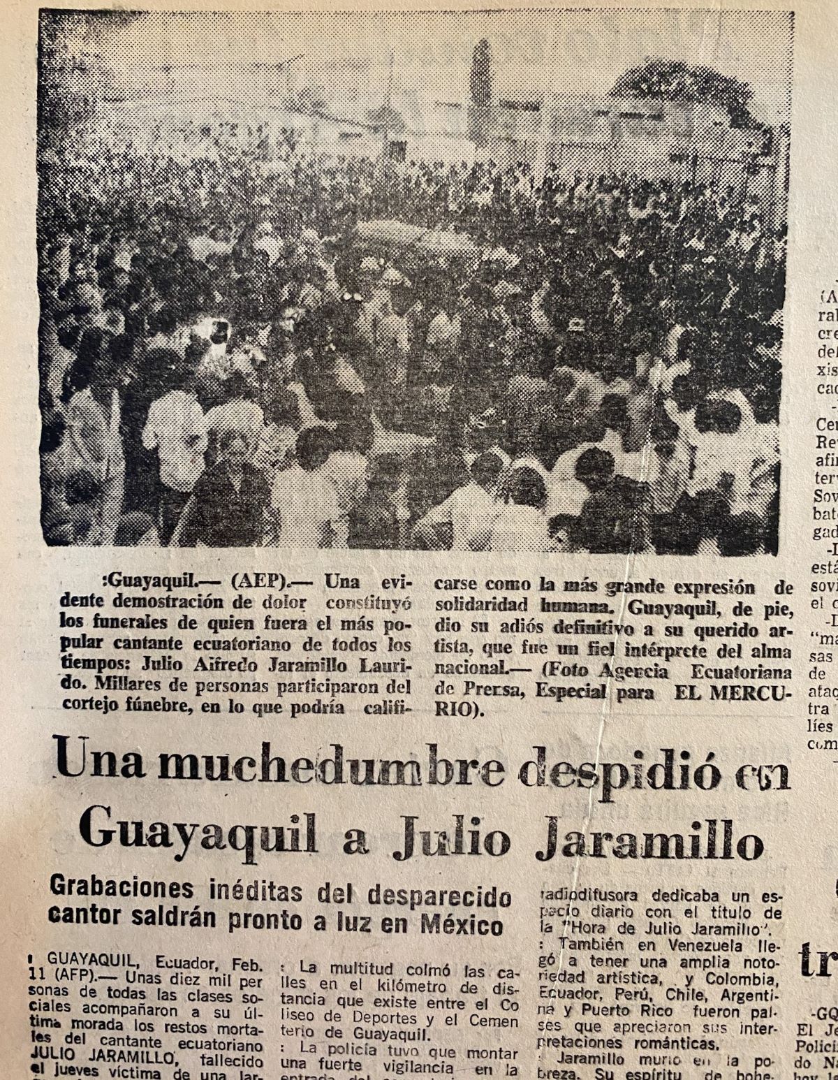 Edición de El Mercurio de febrero de 1978, cuando registró la muerte del cantante Julio Jaramillo, el “Ruiseñor de América”.