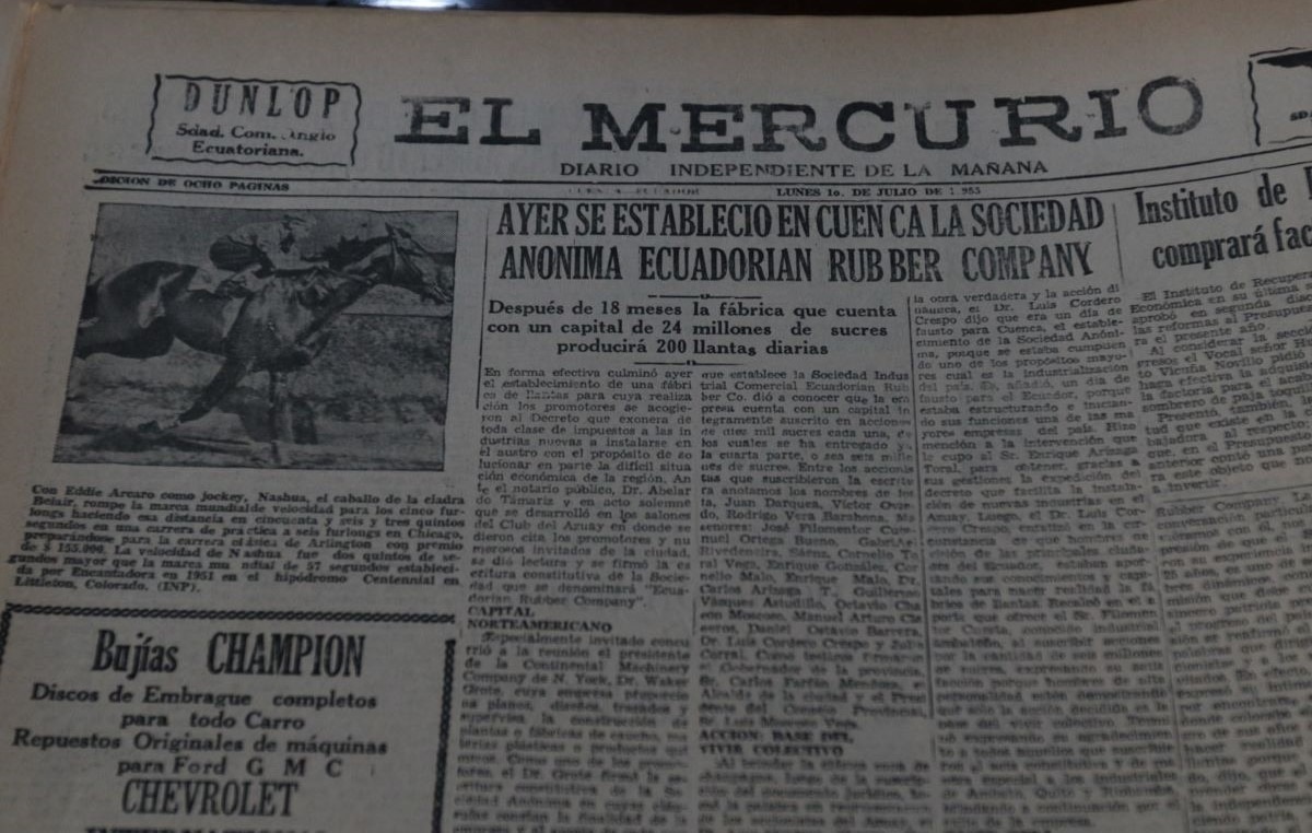 En julio de 1955, El Mercurio informaba sobre el establecimiento de la “Ecuadorian Rubber Company” (ERCO) en Cuenca.